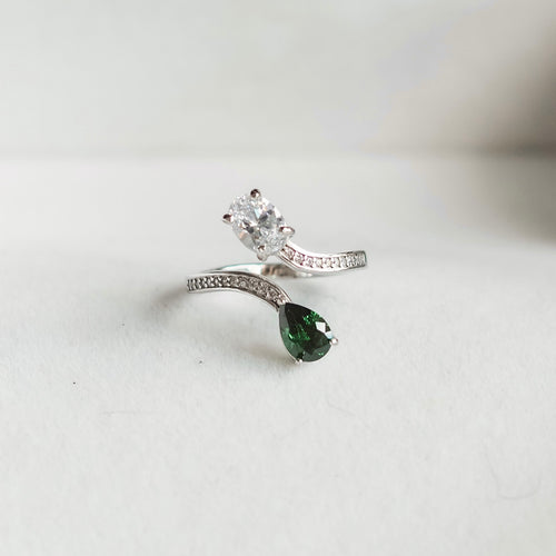 Toi Et Moi Sterling Silver Bypass Ring (Green & White CZ)