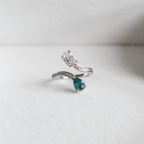 Toi Et Moi Sterling Silver Bypass Ring (Teal & White CZ)