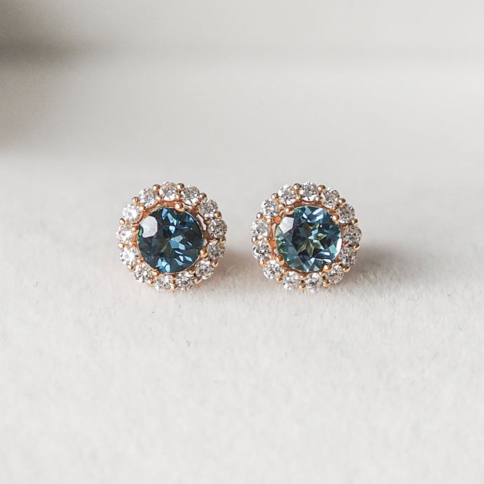 14k Yellow Gold Natural London Blue Topaz Studs with Halo Jacket